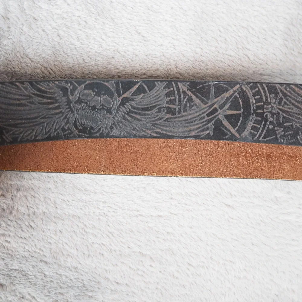 Y2k Style Mens Sz 42 Tooled Leather Belt‎ Screaming Skulls Wings Compass
